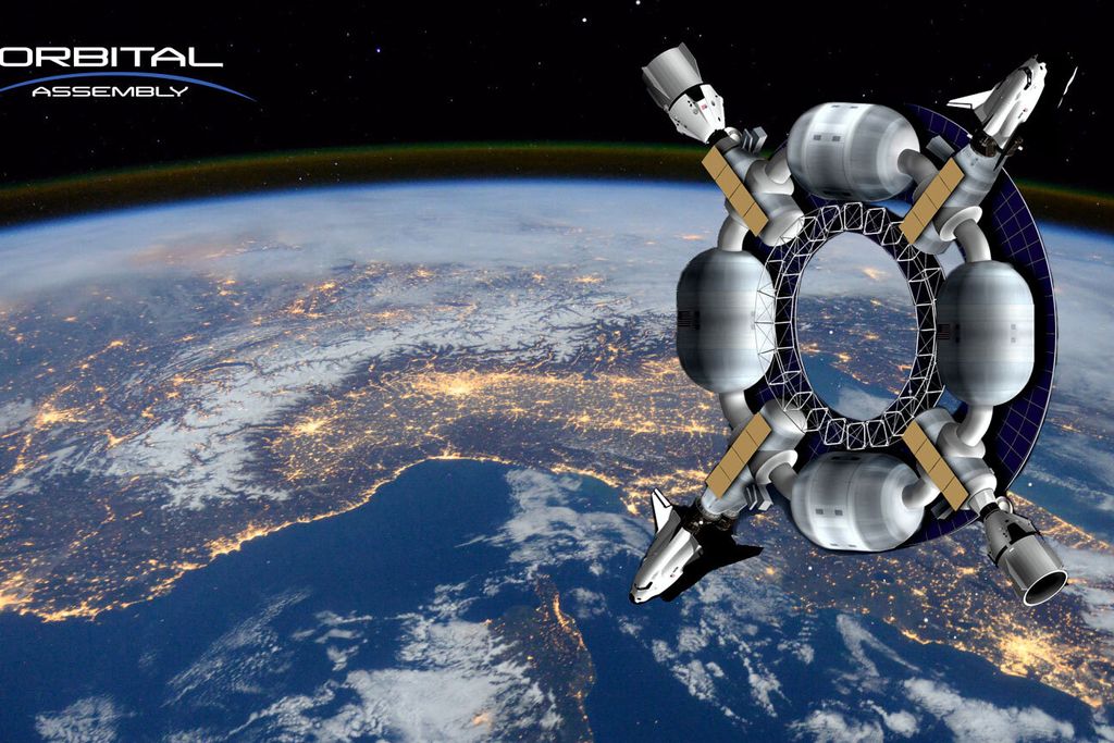 A rendering of the Pioneer Space Station in orbit over Earth. The station is circular like a wheel.