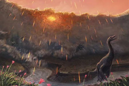 Reconstruction of debris surging into the Tanis River as impact spherules rain down from the sky. A dinosaur tries to get away from the disaster.