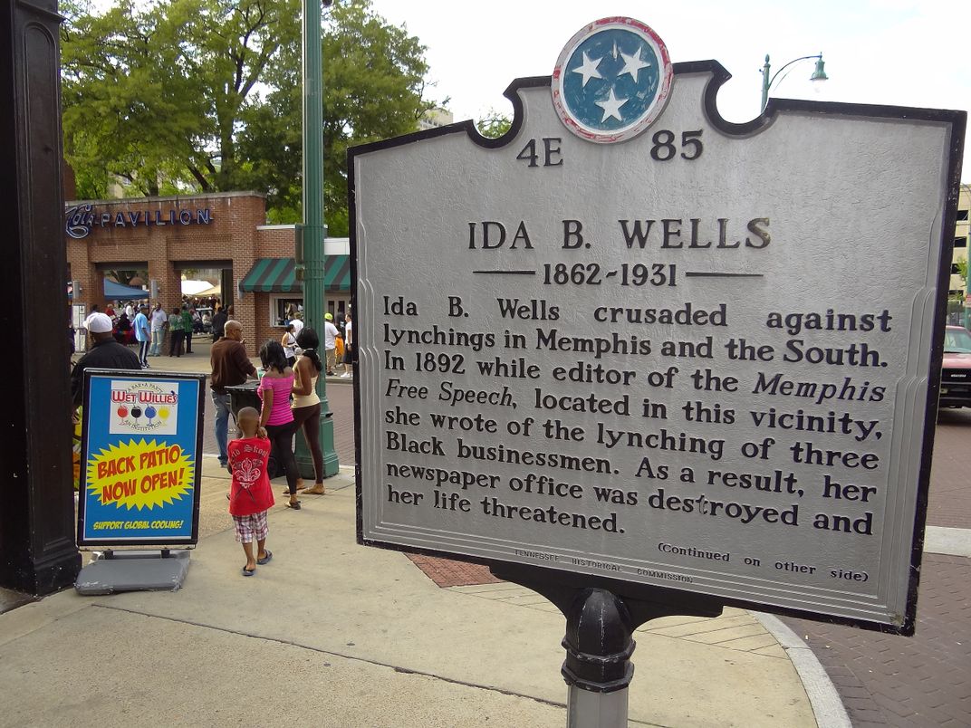 A historical marker commemorating Ida B. Wells' anti-lynching crusade