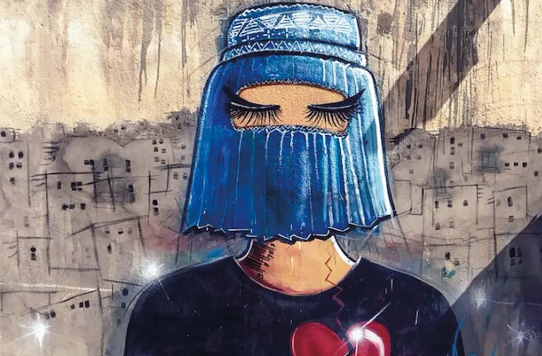 graffiti art of a person wearing a blue hijabi