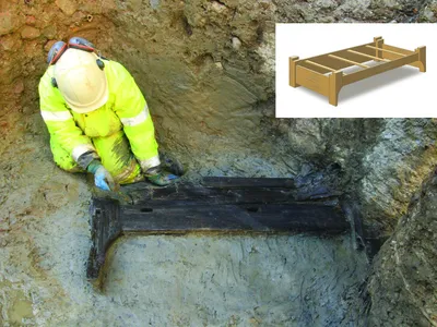 An image of an archaeologist excavating the wooden funerary bed and a reconstruction of the artifact (top right)

