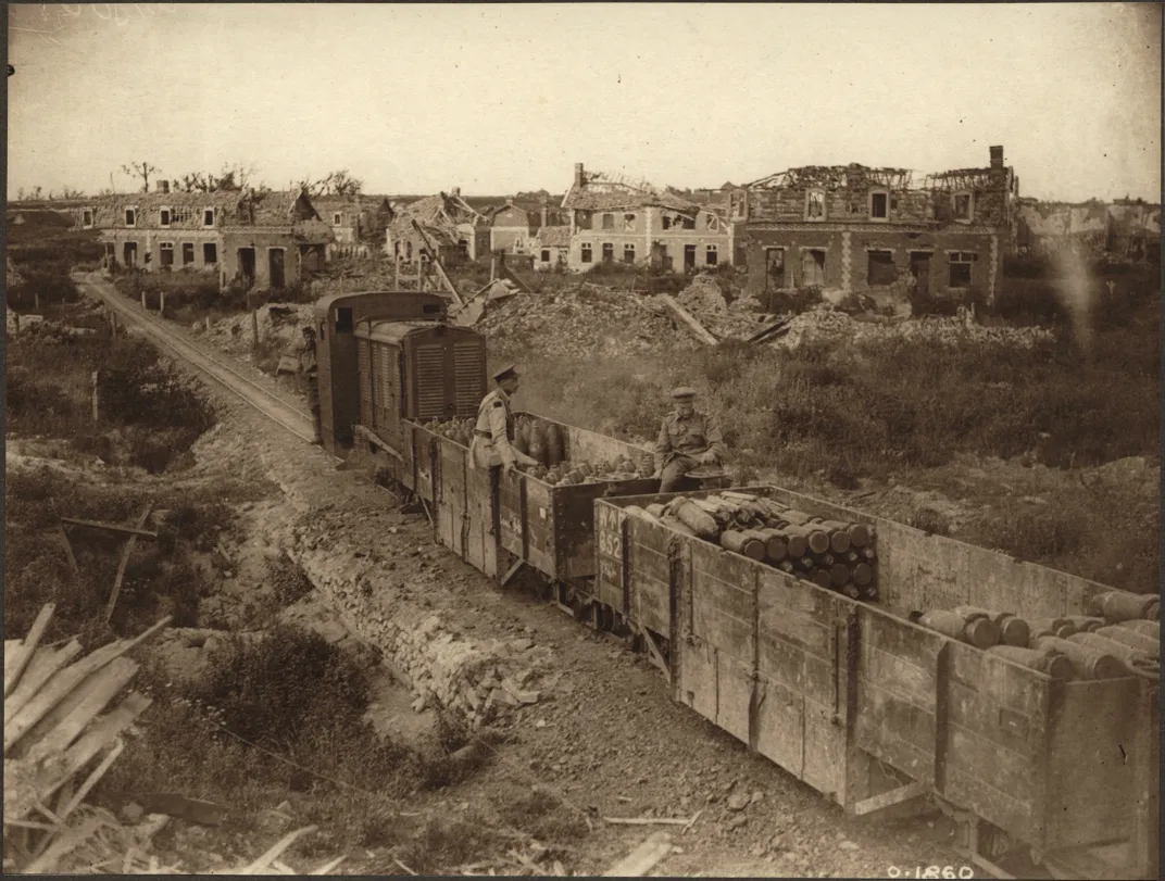 A Canadian narrow-gauge railway armored train transports ammunition during World War I.