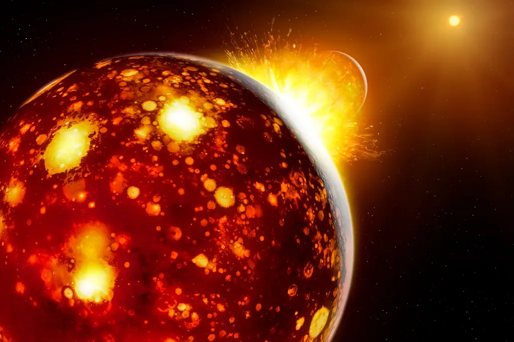 artist's impression of a collision between the Earth and a small planet