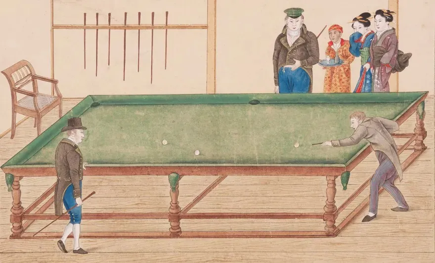 Dutchmen playing billiards in Dejima as Japanese women and a servant look on, 19th century