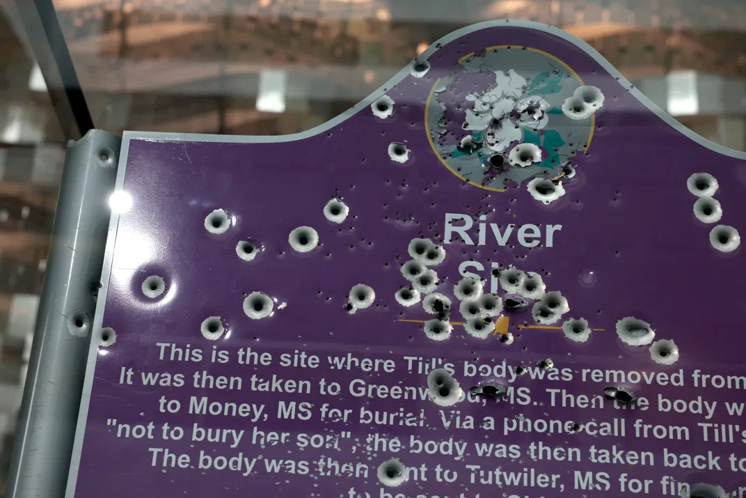 A bullet-riddled sign that marked the spot where police recovered Emmett Till's body