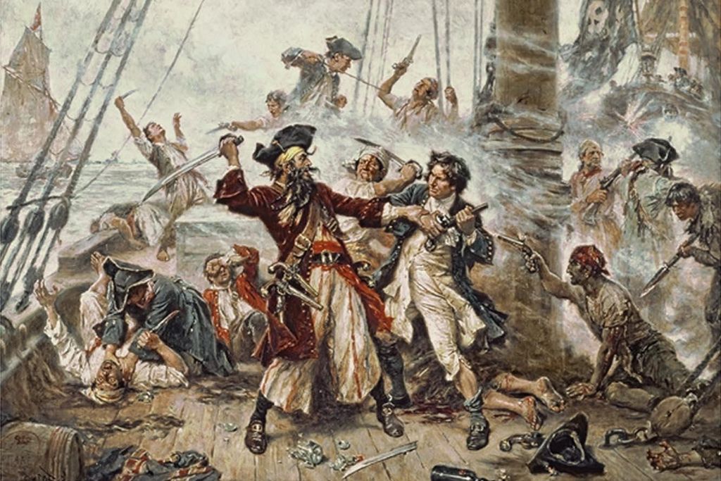 Capture of the Pirate, Blackbeard, 1718, Jean Leon Gerome Ferris, painted in 1920