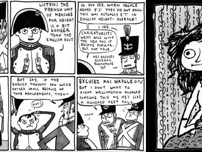 In 2007, cartoonist Kate Beaton, pictured on the right in a self-portrait, launched her webcomic "Hark! A Vagrant," which features spoofs on historical and literary characters.