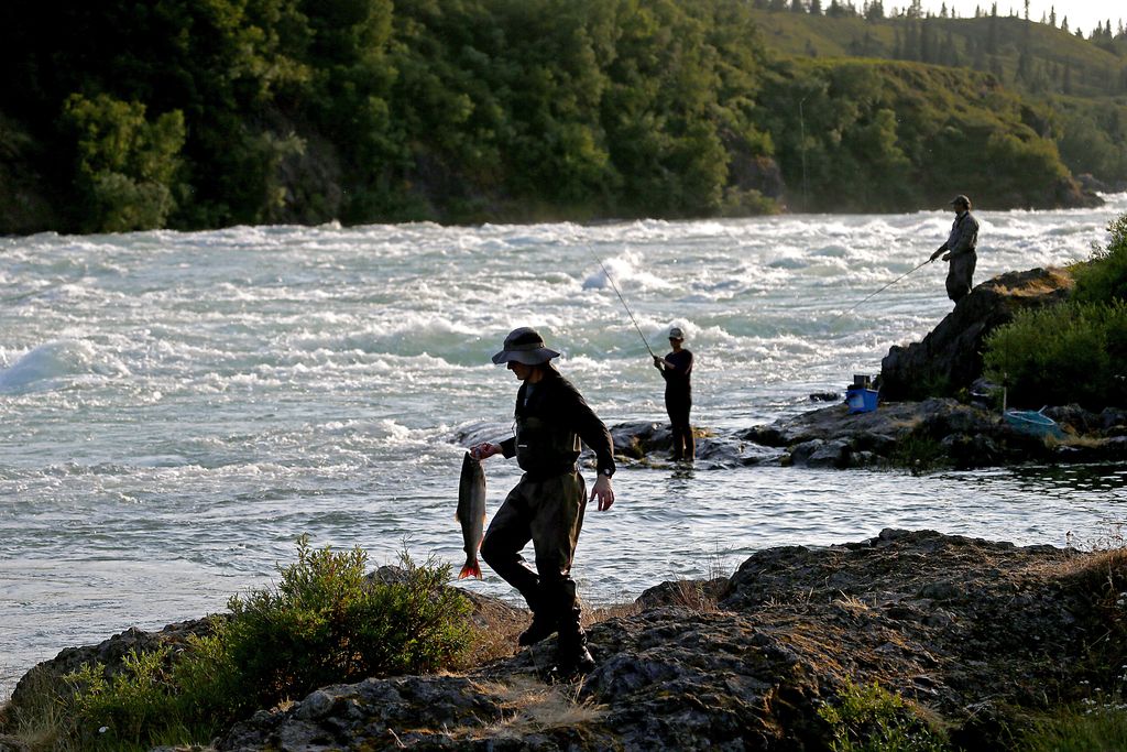 three fishers stand by a river, one holds a large salmon