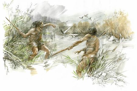 An artist's rendering of two early hominins hunting waterfowl on the Schöningen lakeshore with throwing sticks