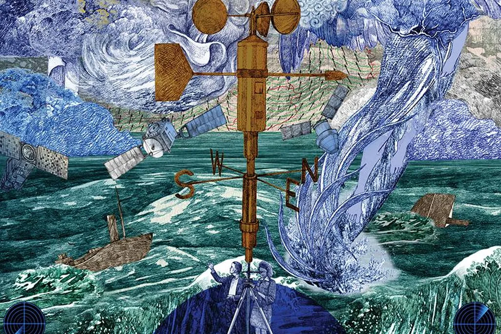 illustration of an anemometer which measures wind speed and direction. 