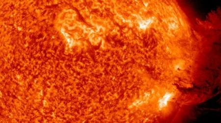 A medium-size solar flare with a coronal mass ejection, captured by the Solar Dynamics Observatory on June 7, 2011