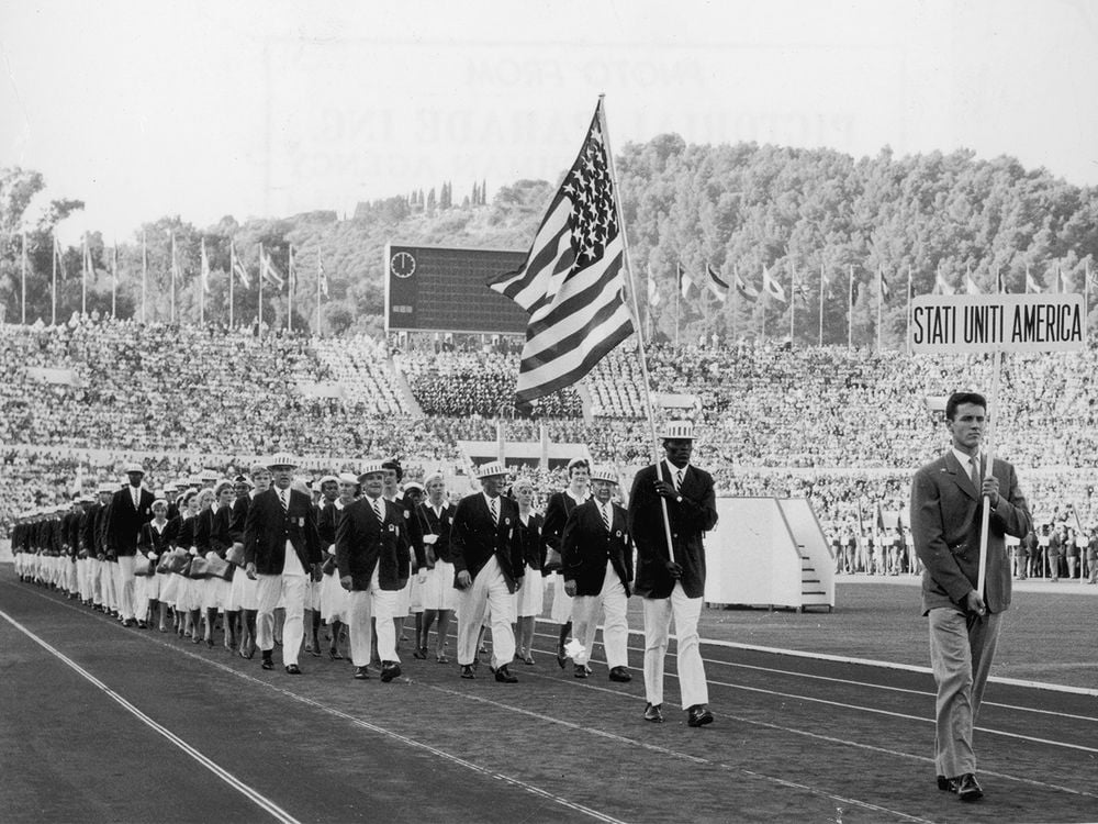 Members of the U.S. Olympic team participate in the Opening Ceremony for the 1960 Games in Rome.