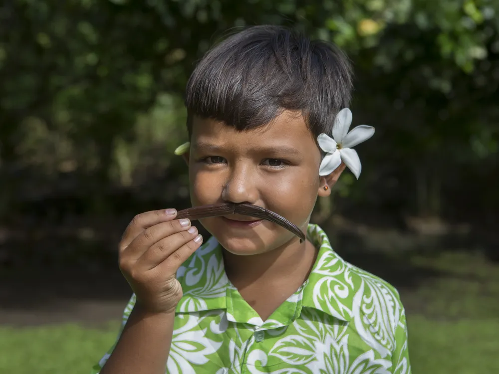 An image of a five year old child from Tahiti smelling a vanilla bean.