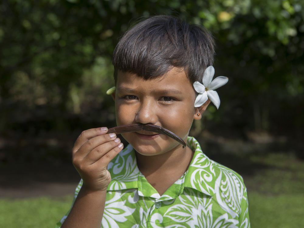 An image of a five year old child from Tahiti smelling a vanilla bean.