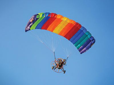 The Skye Ryder powered parachute comes as a kit for assembly. A 50-horsepower engine is standard, as is the feeling of freedom experienced when flying it. 