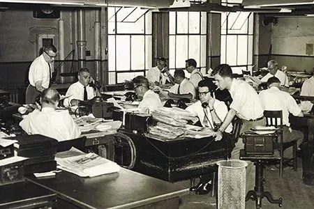 The Journal-American newsroom typified its time: crowded, messy and organized—like the floor of a factory—to get the news out as quickly as possible.