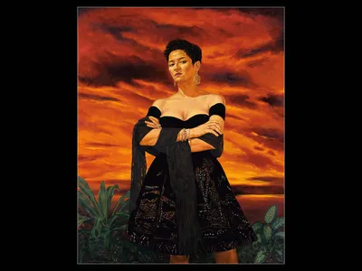an oil painting of a woman in black dress with an orange sky behind her