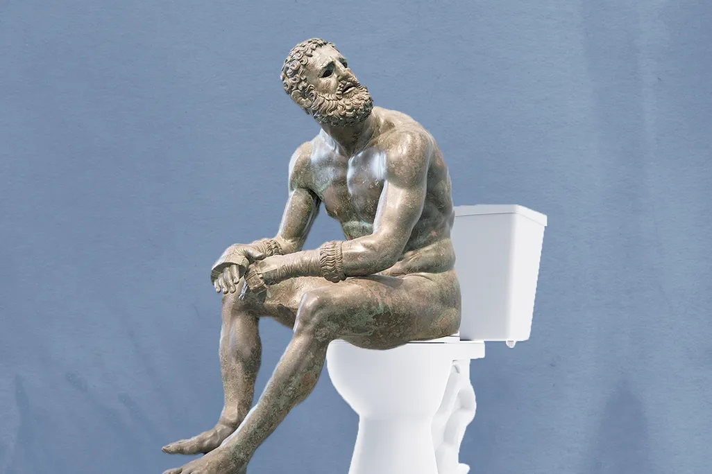 Photo illustration of a sculpted Roman boxer seated on a modern toilet
