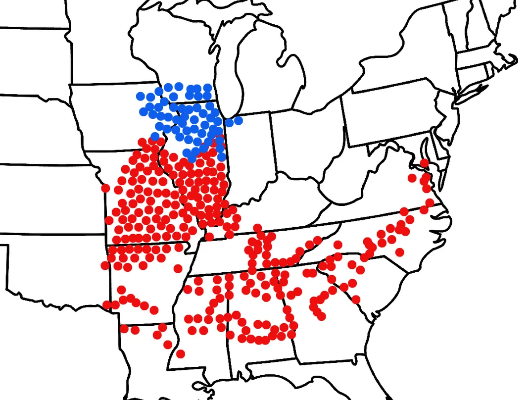 Map of United States Midwest and Southeast with blue dots and red dots