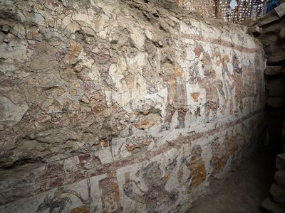 A painting of a crowned woman with scepter (upper left), a procession of men behind her carrying objects (upper right) and a textile workshop (below) on the wall of an ancient throne room in Peru