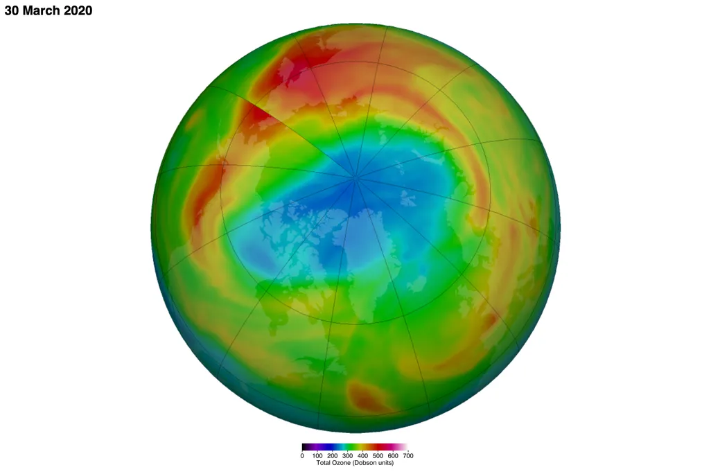 False-color model of the Northern Hemisphere shows hole in the ozone over Arctic