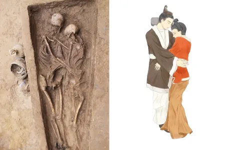 The couple's skeletons (left) and an artist's rendition of the pair (right)