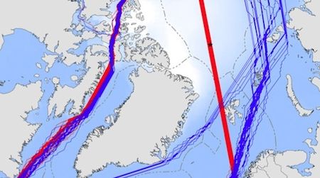 Rapidly melting sea ice will open up shipping lanes across the Arctic, potentially making the Northwest Passage (left) and North Pole (center) navigable during the summer.