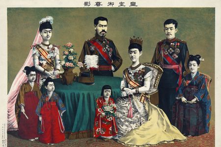 The Meiji Emperor, who issued an influential educational announcement in 1890, poses with the imperial family. 