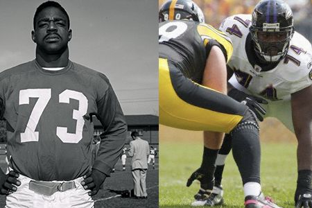 Roosevelt Brown (pictured left), a star tackle for the New York Giants from 1953 to 1965, was 6’3” and 255 pounds. Michael Oher, offensive tackle for the Baltimore Ravens, stands at 6’4” and weighs 315 pounds.