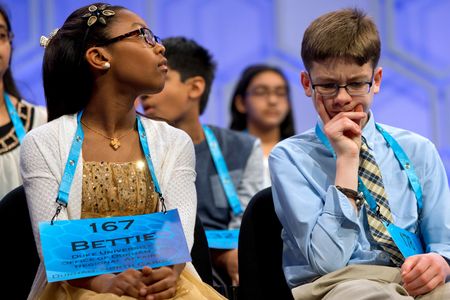 Bettie Closs and Owen Kovalik anxiously await their turn on stage at the 2016 national spelling bee.