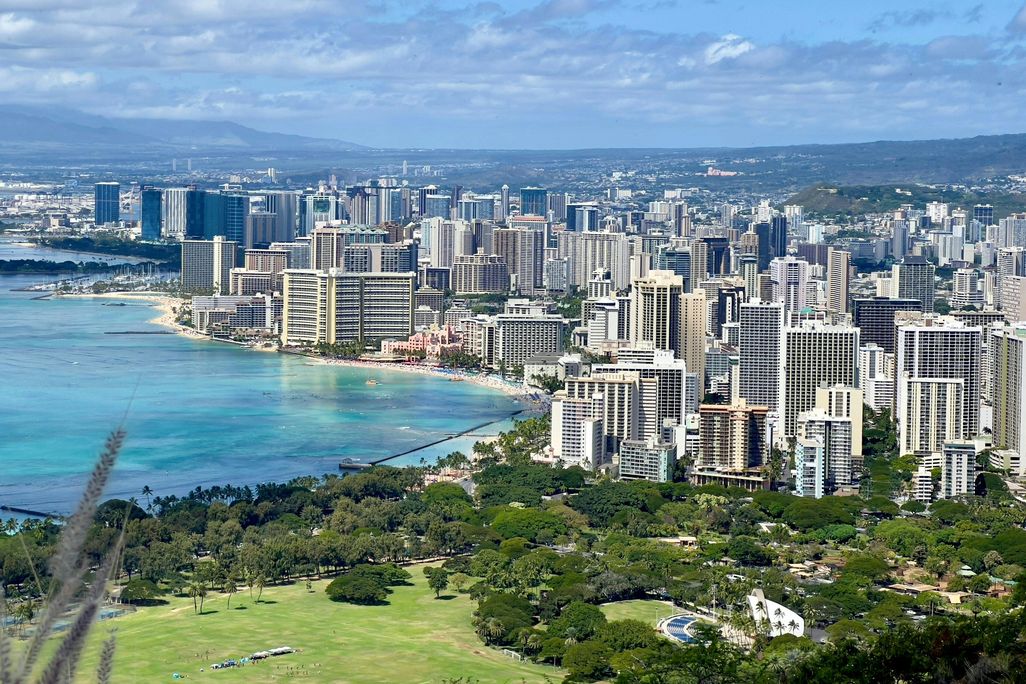 A city with skyscrapers on the coast
