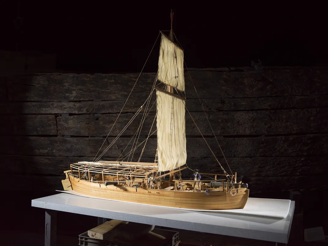 A scale model of the Philadelphia, as it is thought to have appeared on its maiden voyage, complete with sail and rigging.