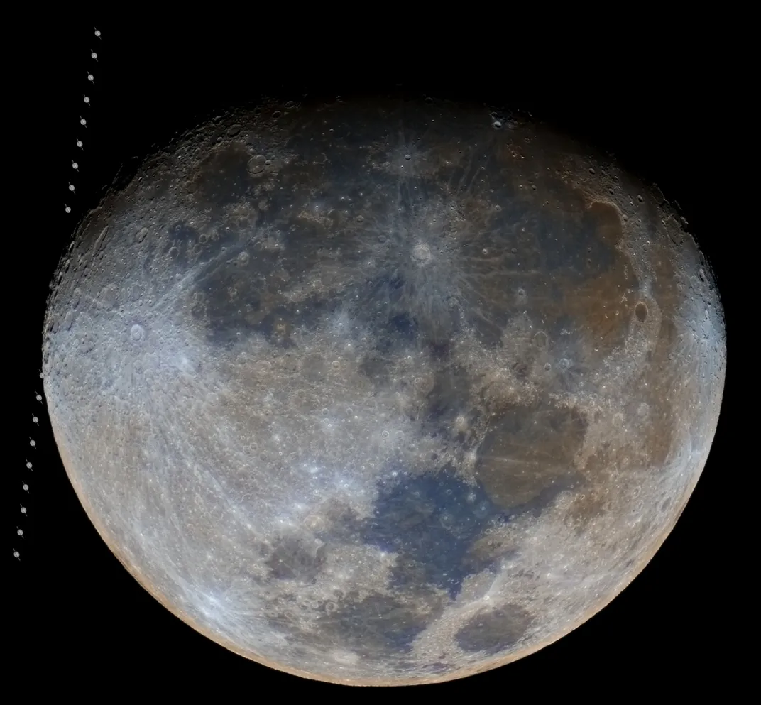 an image of the nearly full moon with a series of points of light at its left, passing behind it