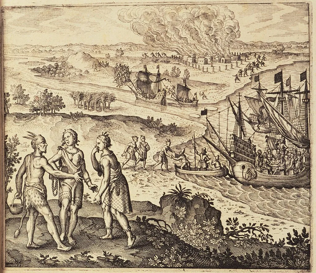 Engraving depicting the abduction of Matoaka, also known as Pocahontas