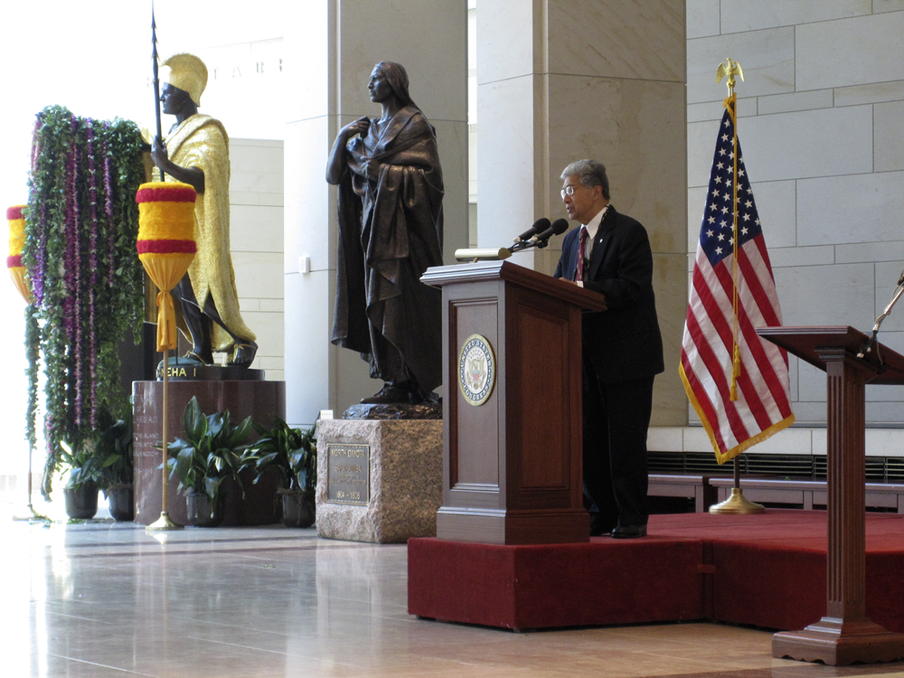 The Honorable Senator Daniel Kahikina Akaka speaking during the lei-draping ceremony to commemorate King Kamehameha Day. June 7, 2009, the U.S. Capitol Visitors’ Center Emancipation Hall, Washington, D.C. (Courtesy of the U.S. Senate)