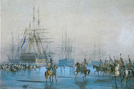 Watercolor painting of the Battle of Texel by painter Léon Morel-Fatio. 