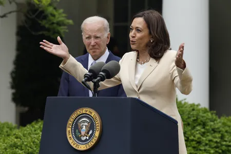Vice President Kamala Harris and President Joe Biden&nbsp;during an event marking National Small Business Week in the Rose Garden.