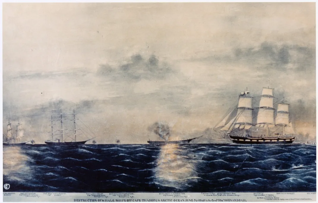 A painting of the destruction of whaling ships in the Arctic Ocean by the Shenandoah on June 23, 1865