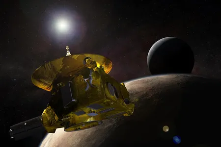 This artist's rendering shows New Horizons encountering Pluto and its largest moon, Charon.