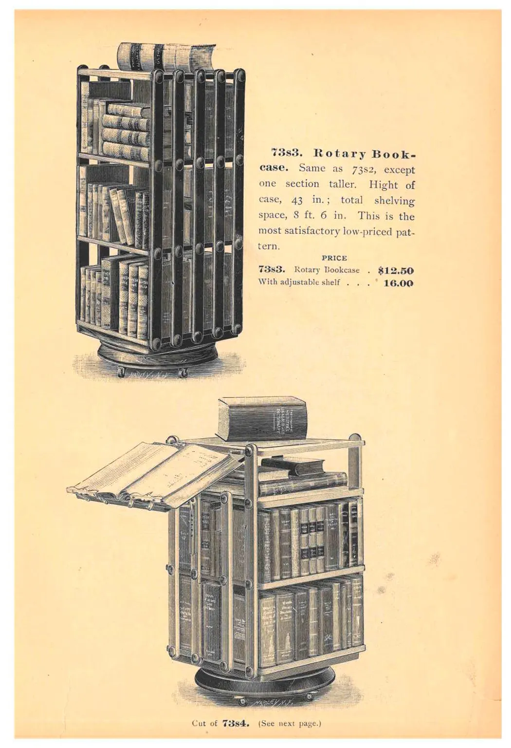 Trade catalog illustration of two revolving bookcases.