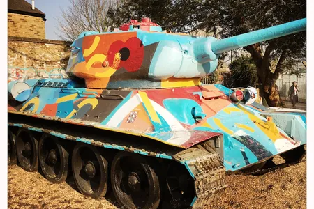 At the world's largest arms fair held every two years in London, a group of artists in 2016 organized the "Art the Arms Fair," to voice opposition to the war industry and the international arms trade (above: Pattern Tank by Tristan Oliver, 2019).
