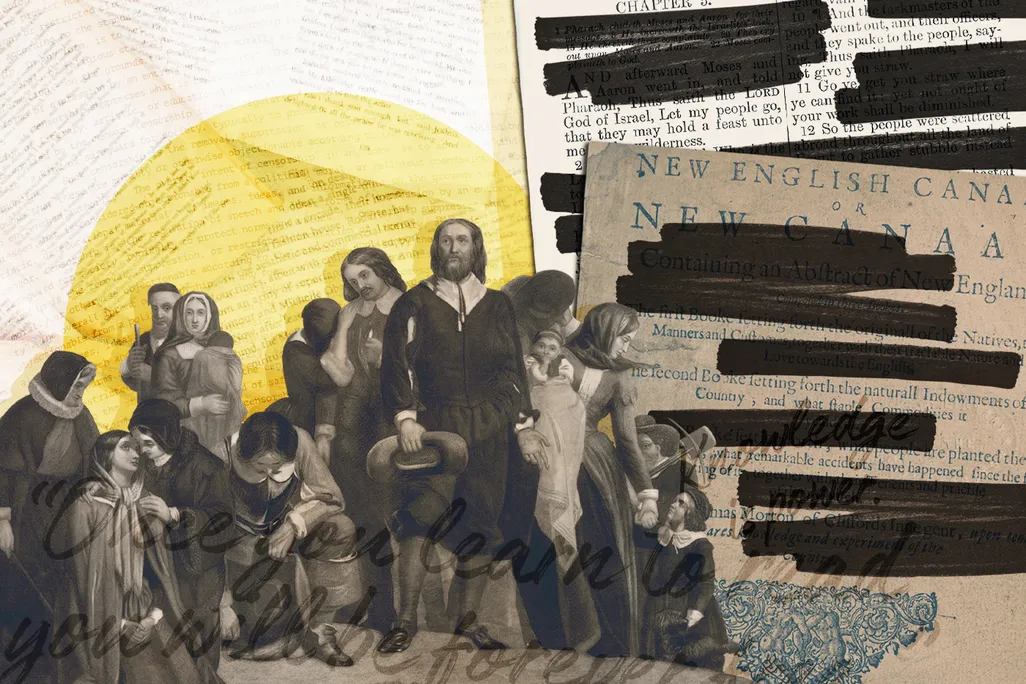 Plymouth colony founders in collage with banned book