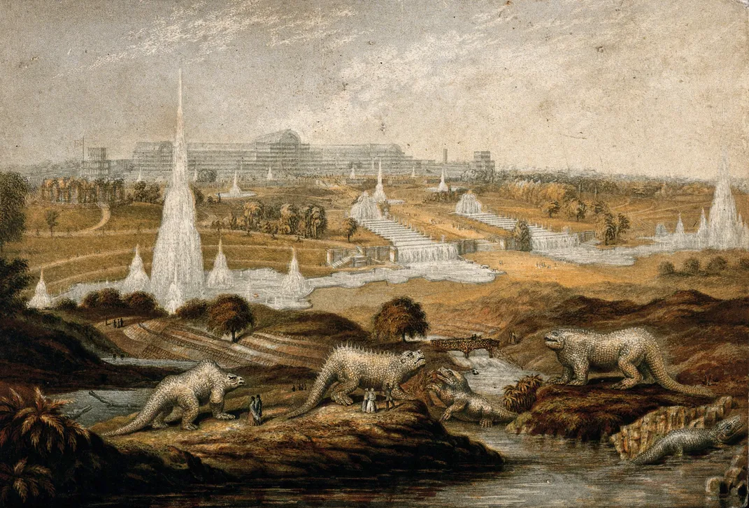 Print of dinosaur sculptures around Crystal Palace