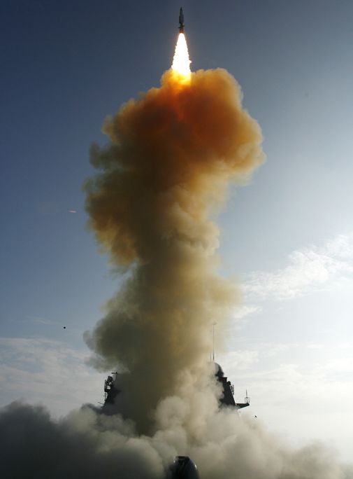 A Pentagon missile knocks a falling satellite out of the sky.