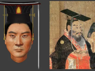The digital reconstruction of Emperor Wu&#39;s face (left), alongside a painting made of him from the &#39;Thirteen Emperors Scroll&#39; (right).