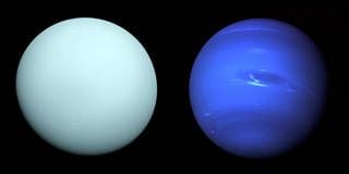 The ice giants appear blue because of the methane in their atmospheres. Methane reflects blue light and absorbs red light. Pictured: Uranus on the left and Neptune on the right.