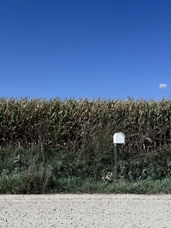 Iowa as it was and is: pure skies, golden tall corn, country roads, the mailbox thumbnail