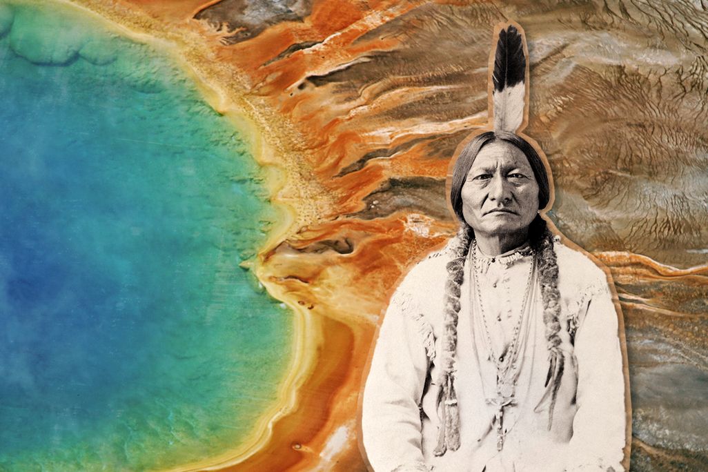 Illustration of Sitting Bull in front of Yellowstone caldera