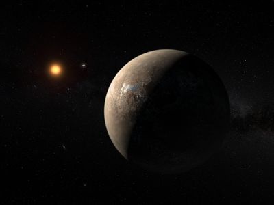 Artist's impression of the planet Proxima b orbiting the red dwarf star Proxima Centauri. The double star Alpha Centauri AB also appears in the picture.
