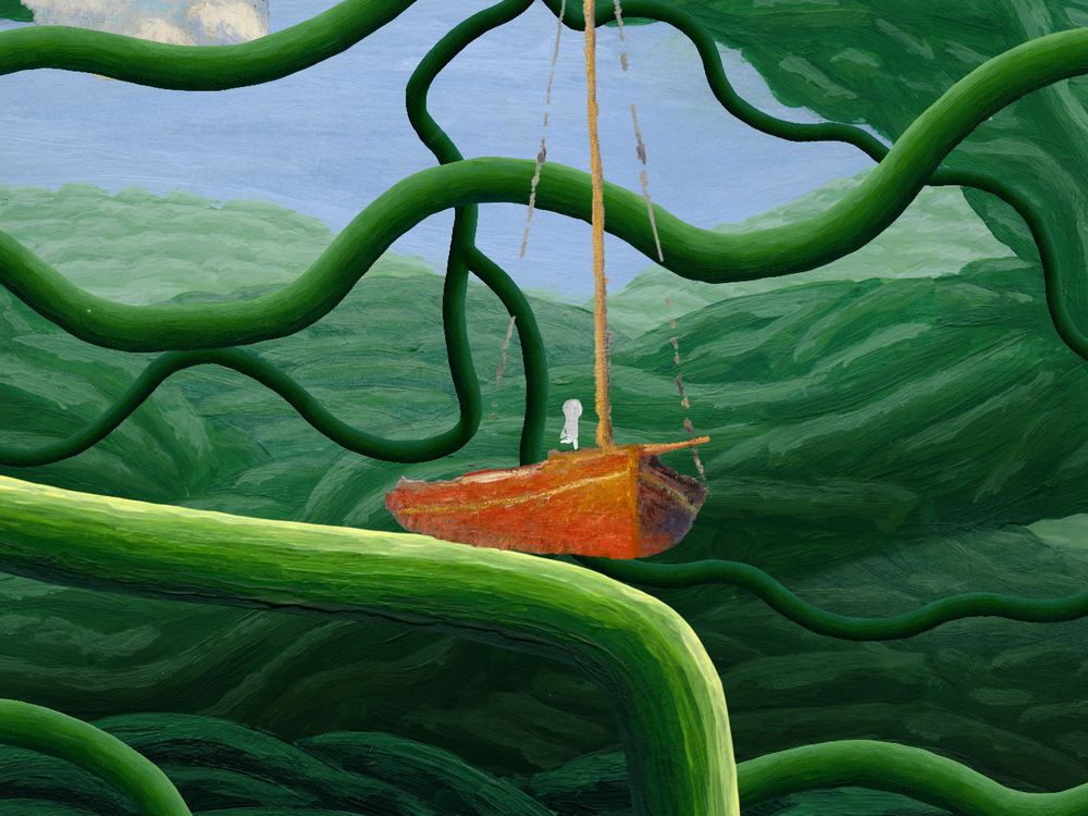 Green vines with white avatar and a brown boat